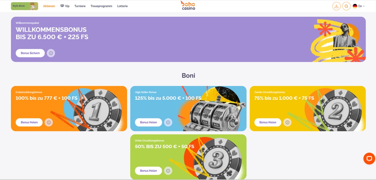 BOHO Casino 100% bis zu 777 € und 100 Freispiele.